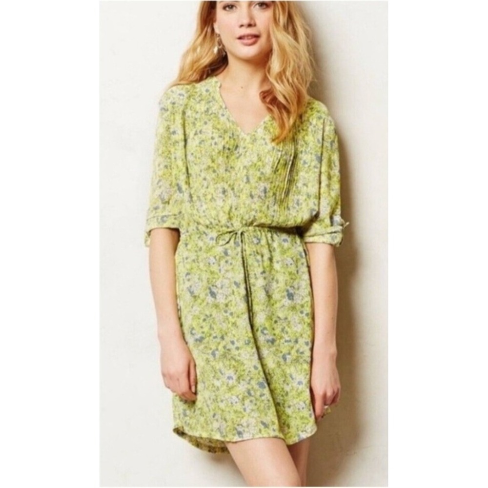 Maeve Anthropologie Floral Pleated‎ Mini Dress Lime Green Blue Drawstring Small